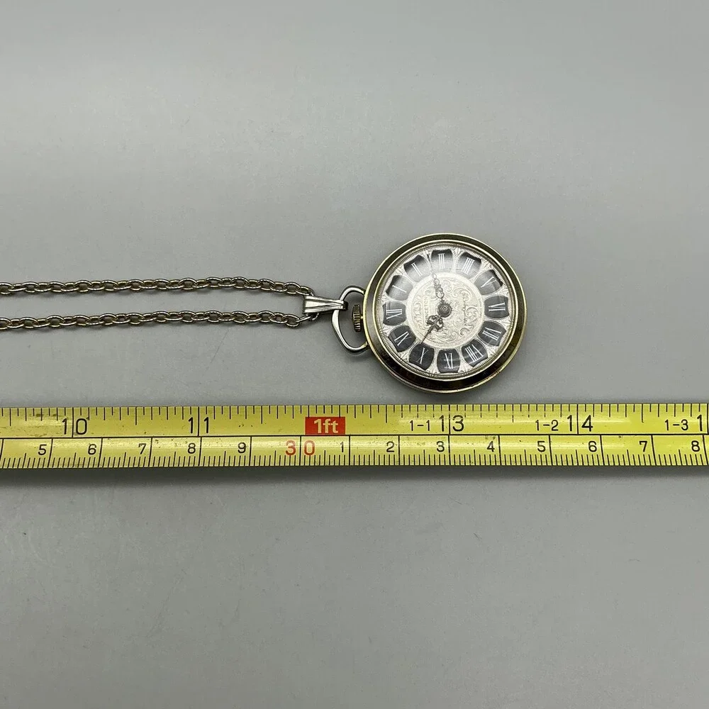 Vintage Benetton Pocket Watch Men 34mm Silver Tone Black Dial Manual Wind Chain
